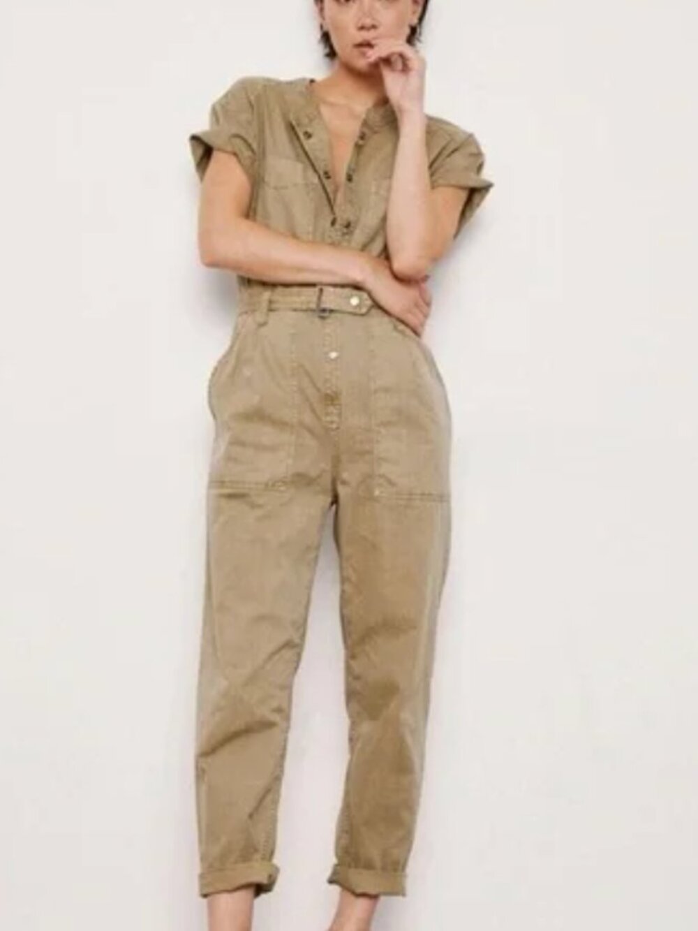 Pistola Freya Utility Jumpsuit XS Tan Short Sleeve Belted Casual Chic